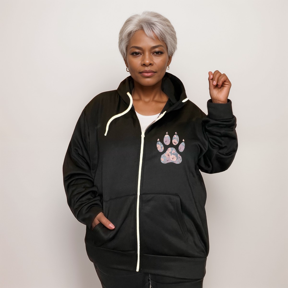 FLORAL PAW PRINT ZIP UP HOODIE