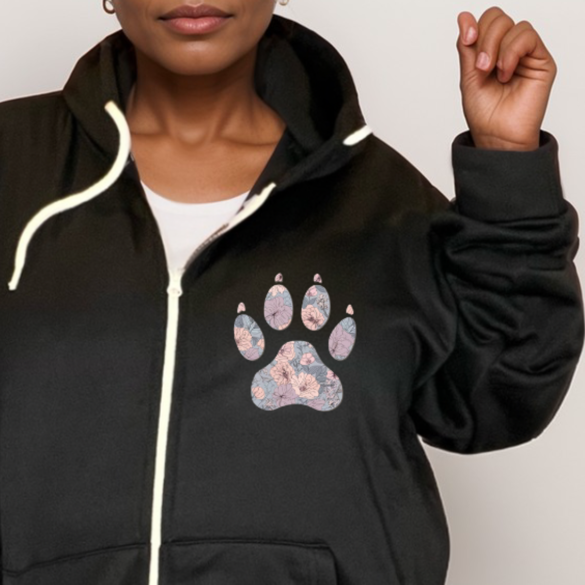 FLORAL PAW PRINT ZIP UP HOODY