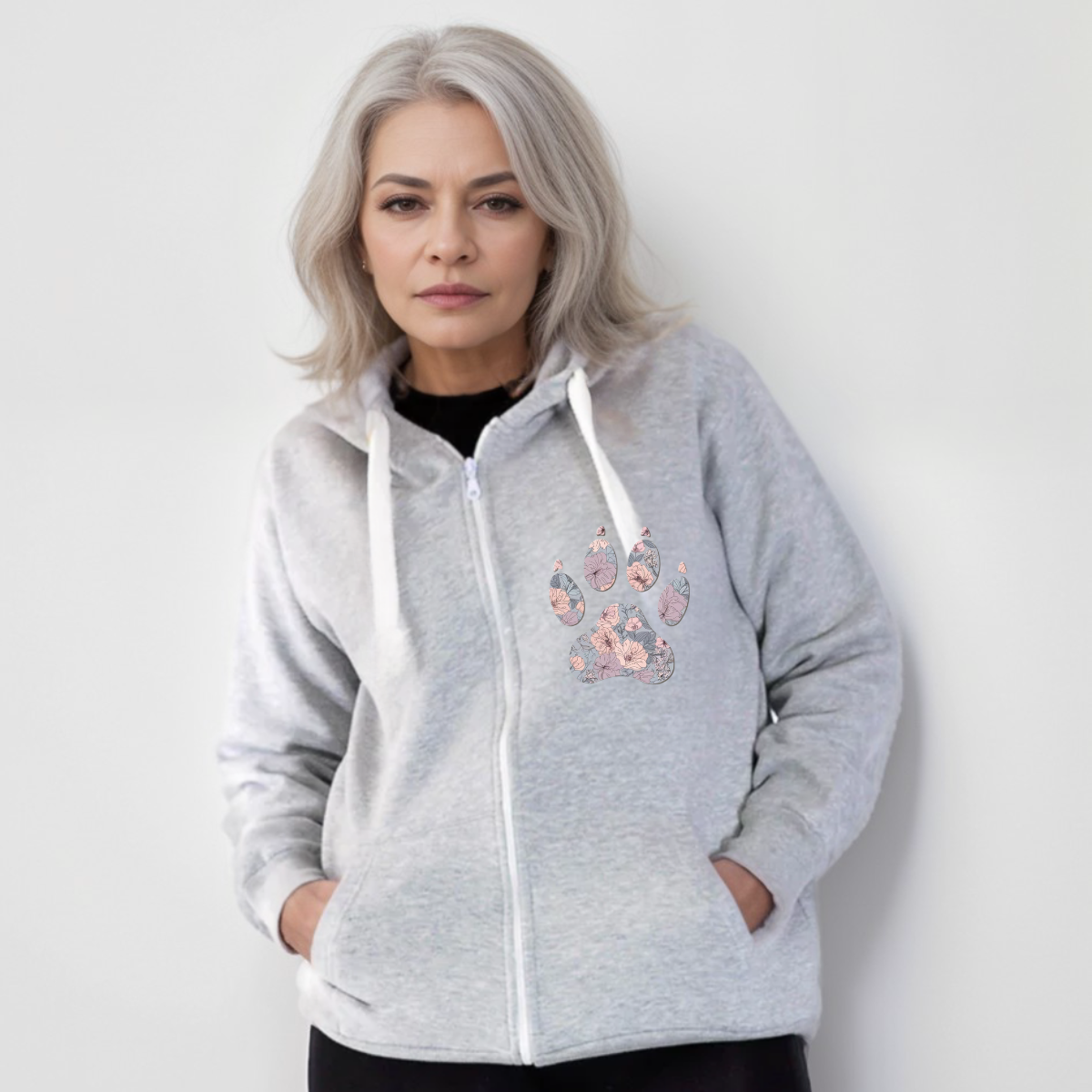 FLORAL PAW PRINT ZIP UP HOODY