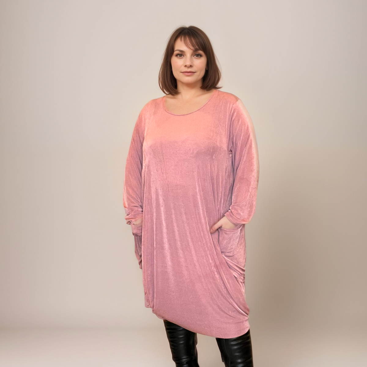 SOFT STRETCHY PLAIN LOOSE FITTING DRESS WITH SIDE POCKETS