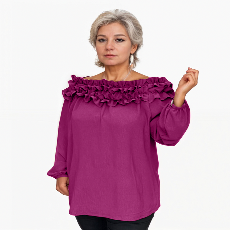 RUFFLED NECK OFF SHOULDER LONG SLEEVE TOP BLOUSE