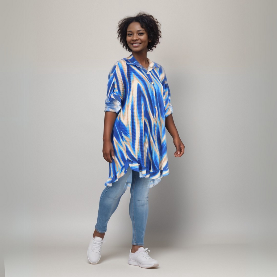 FRILLED EDGE PLEATED LONG OVERSIZED SHIRT DRESSBLUE / UK 16-18