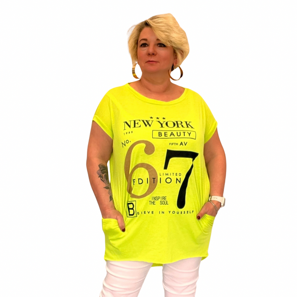 NEW YORK 67 LONG DIPPED HEM T-SHIRT POCKETSGREEN / UK 16-18