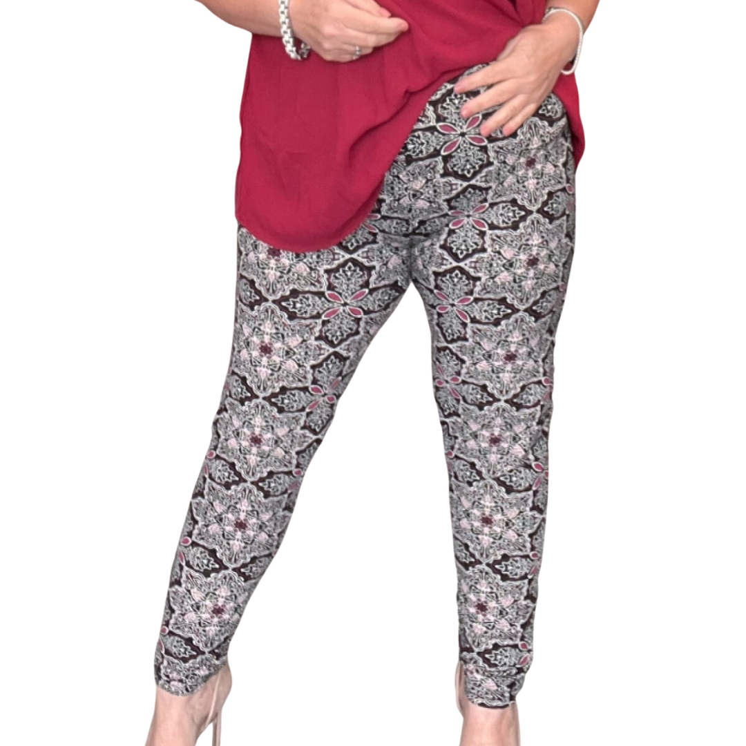 BLACK WINE TILE PRINT HIGH RISE PLUS SIZE LEGGINGS