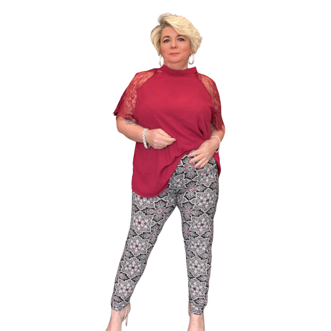 BLACK WINE TILE PRINT HIGH RISE PLUS SIZE LEGGINGS