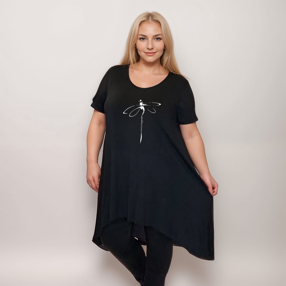 BLACK HANKY HEM SWING TOP WITH DRAGONFLY