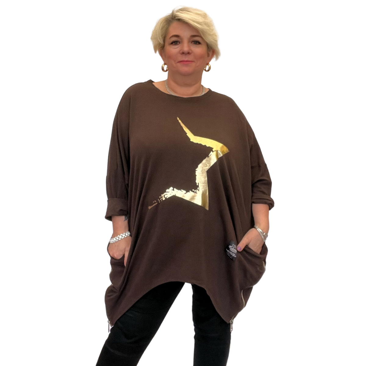 LONG LENGTH TOP WITH GOLD FOIL STAR AND FEATURE ZIPS