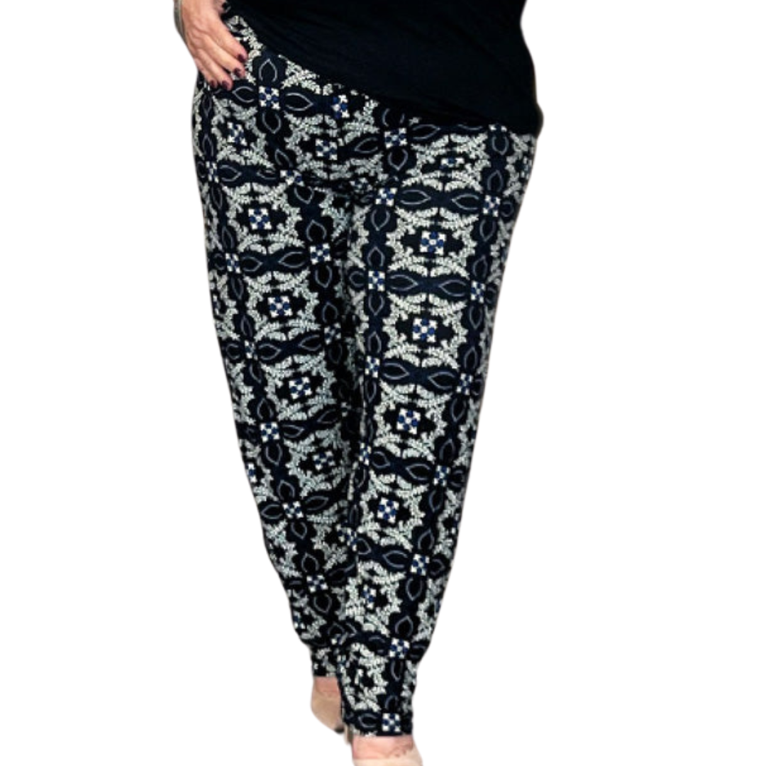 ROCKTHOSECURVES BLACK BLUE TILE PRINT ELASTIC HIGH WAIST TROUSERS