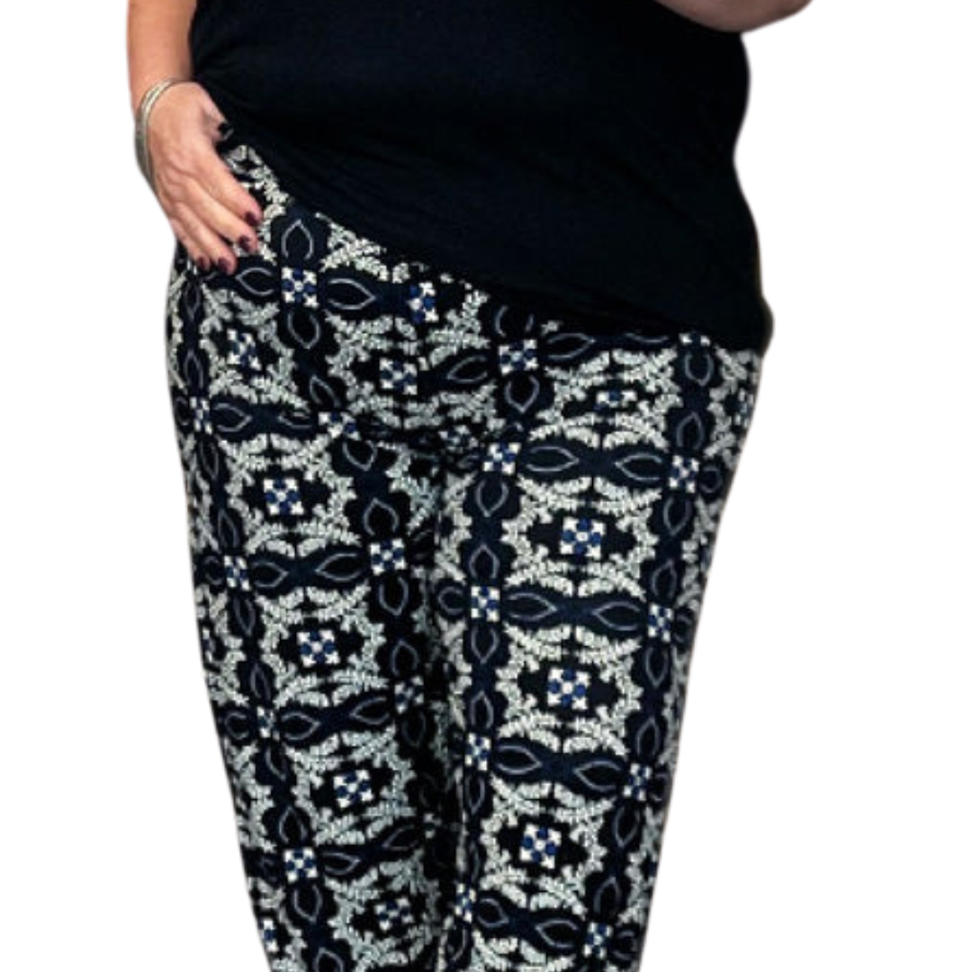 ROCKTHOSECURVES BLACK BLUE TILE PRINT ELASTIC HIGH WAIST TROUSERS