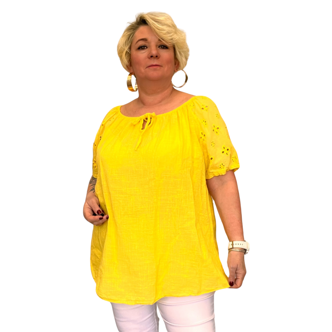 ROCKTHOSECURVES PURE COTTON A-LINE BLOUSE WITH EMBROIDERED SHORT SLEEVES