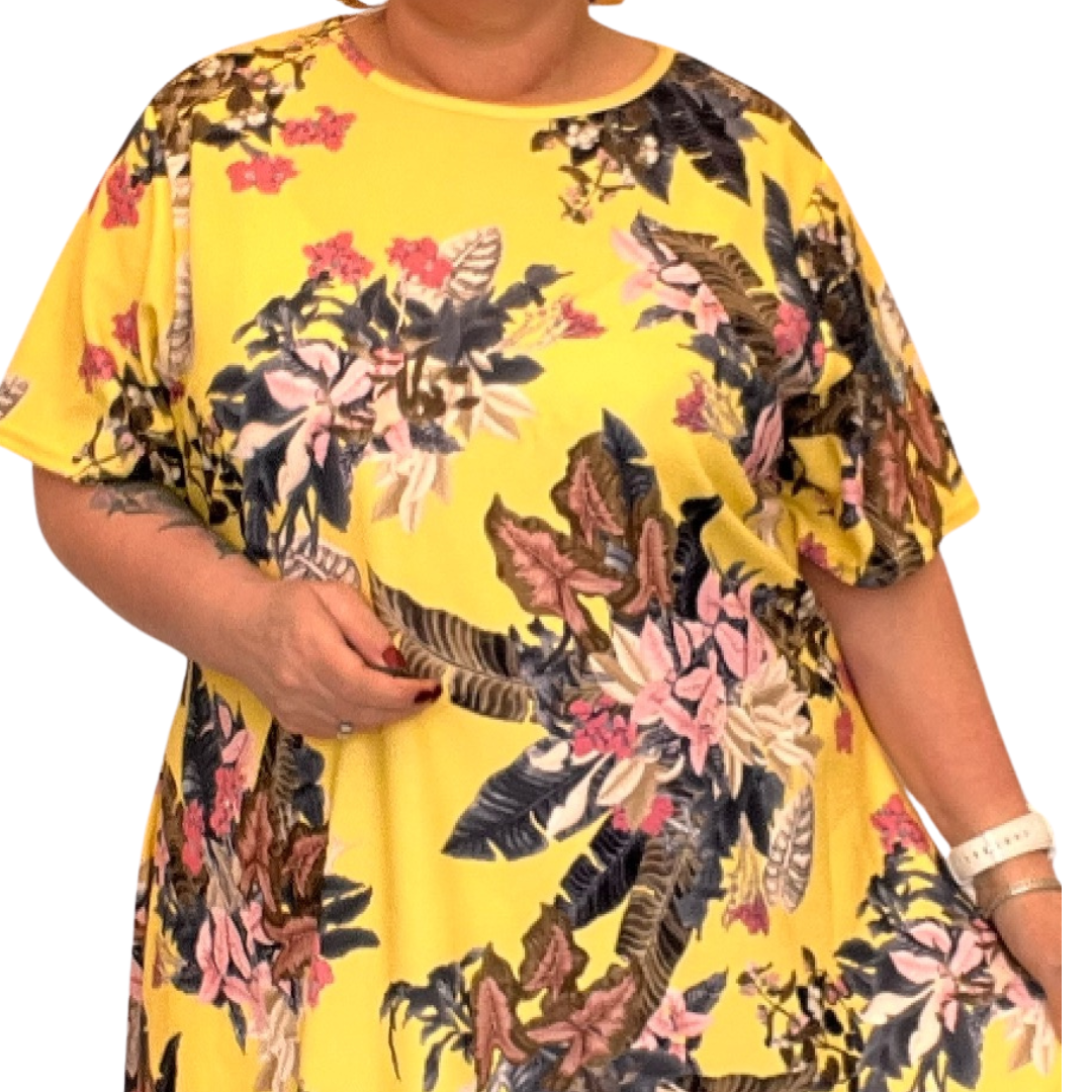 ROCKTHOSECURVES YELLOW TROPICAL SHORT SLEEVE SWING TOP