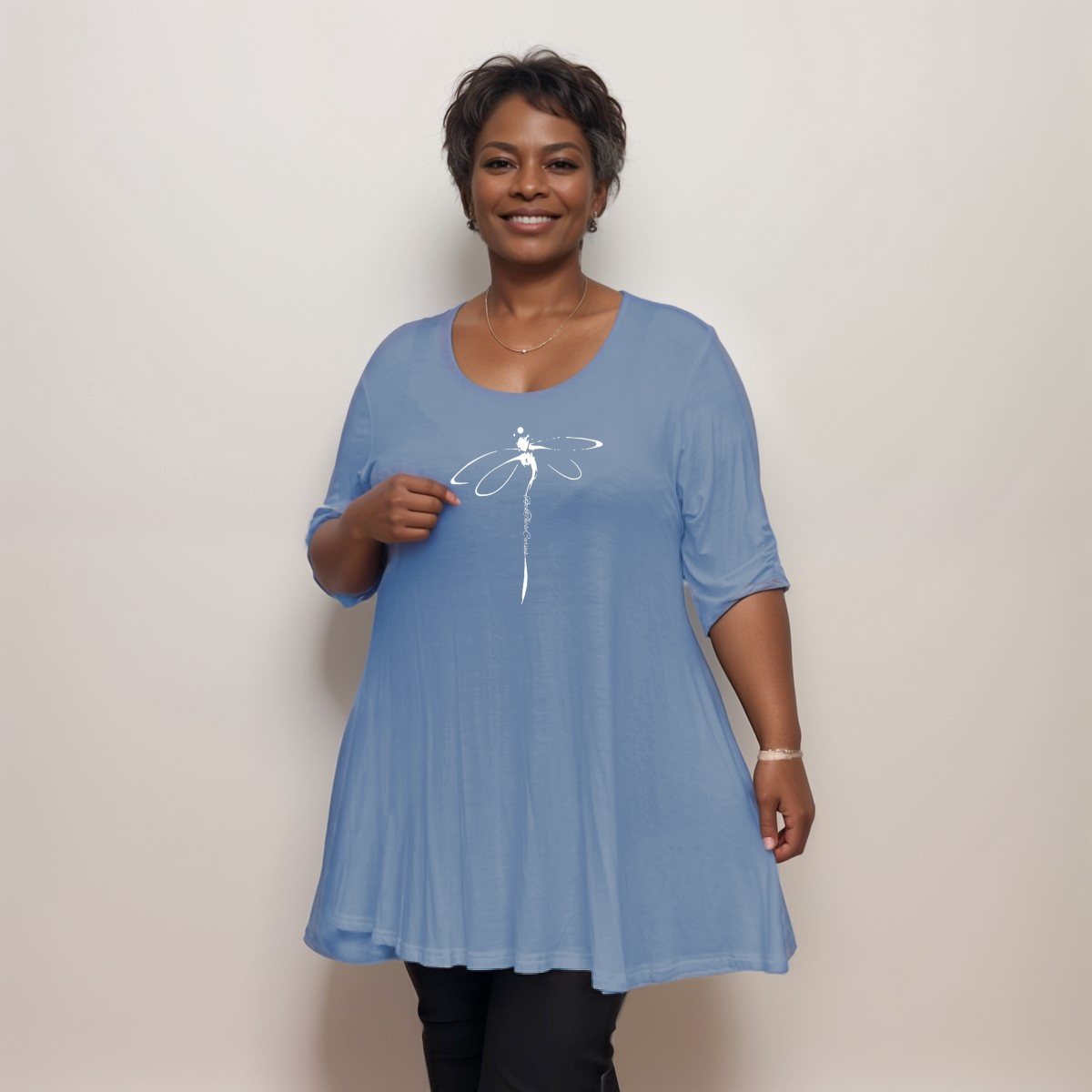 Plus‑Size Dragonfly Button Sleeve Swing Top