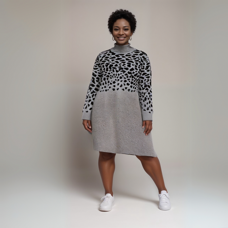 GREY BLACK LEOPARD POLO NECK JUMPER DRESS