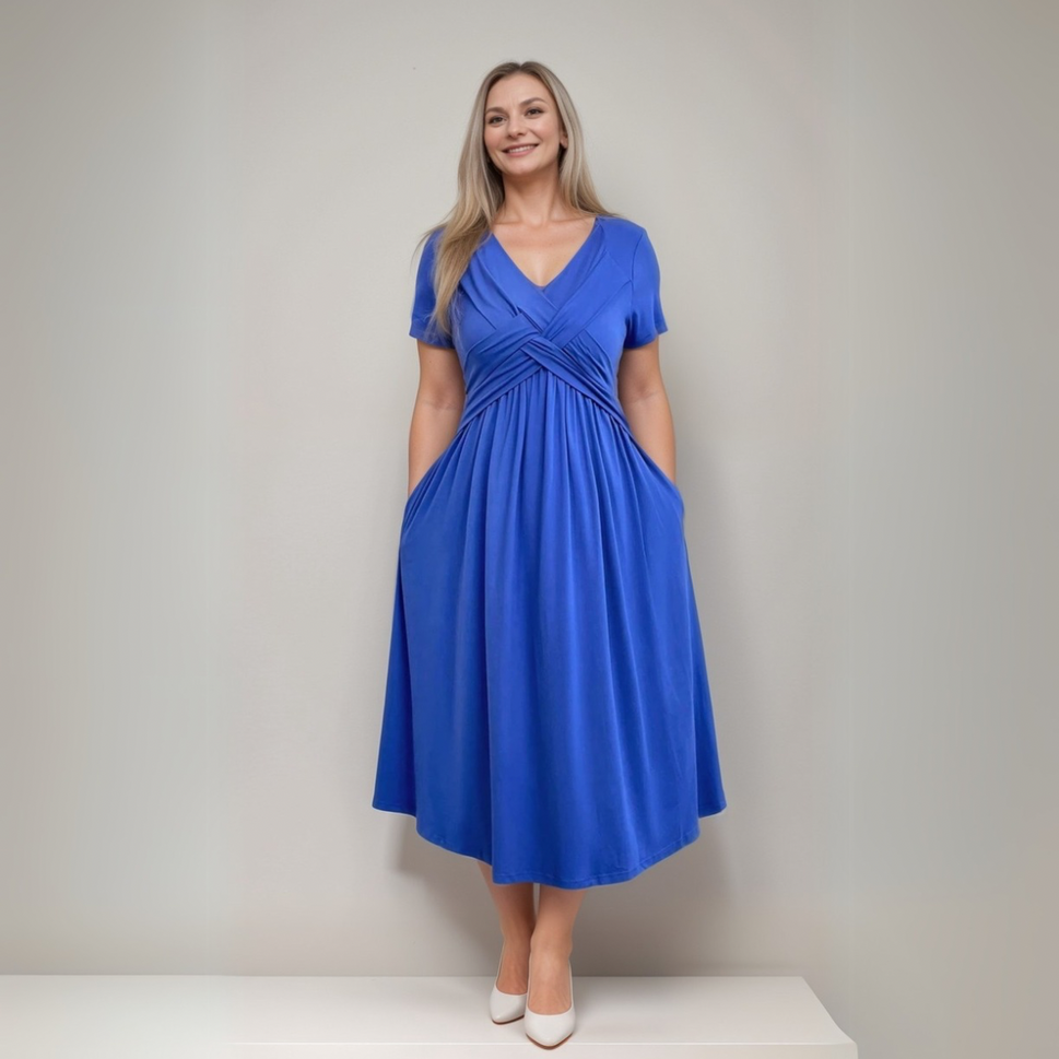 ROYAL BLUE WRAP FRONT DRESS WITH POCKETS