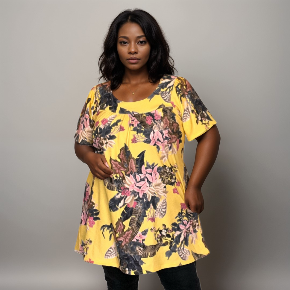 YELLOW TROPICAL SHORT SLEEVE SMOCK TOP