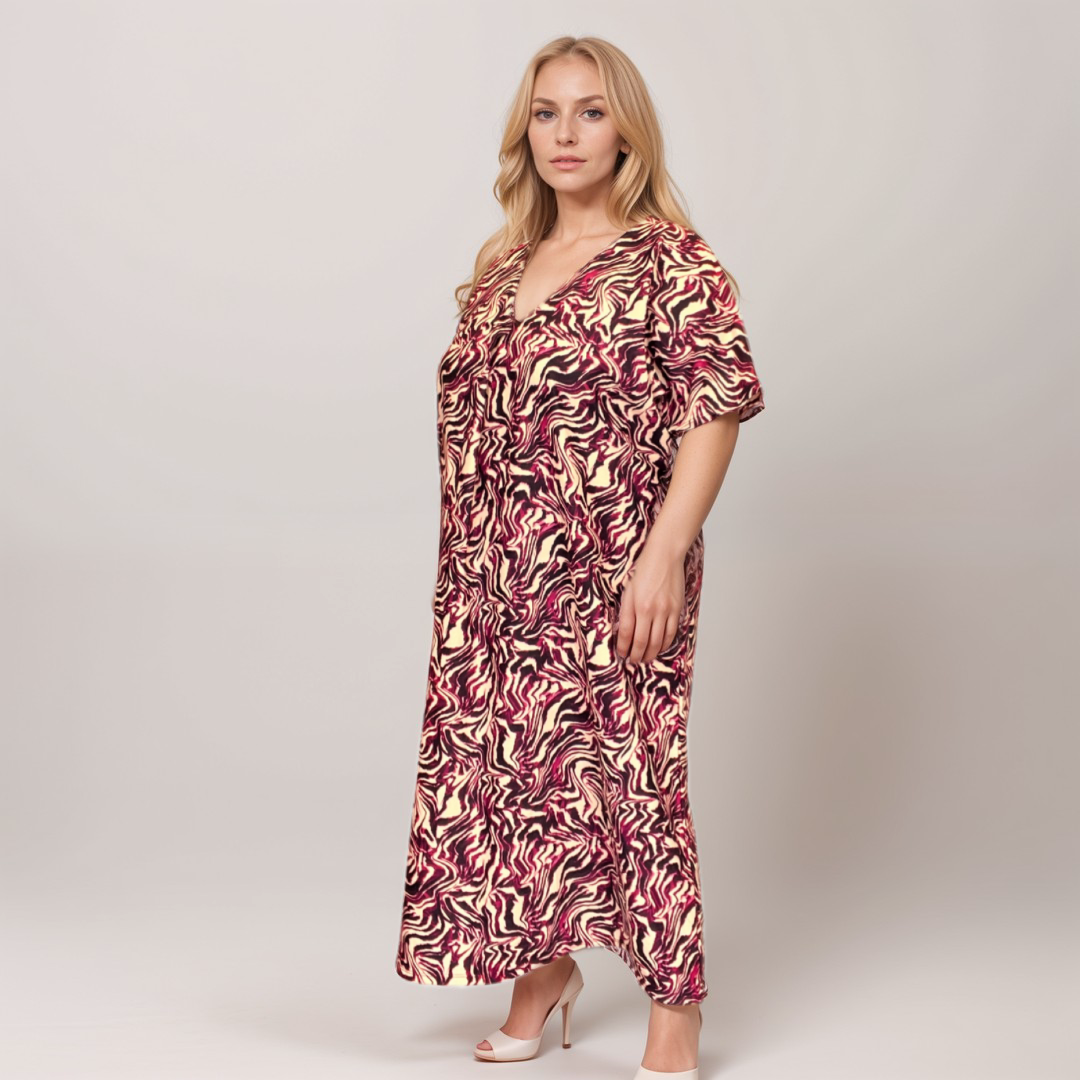 SWIRL PRINT LOOSE FITTING V NECK DRESS