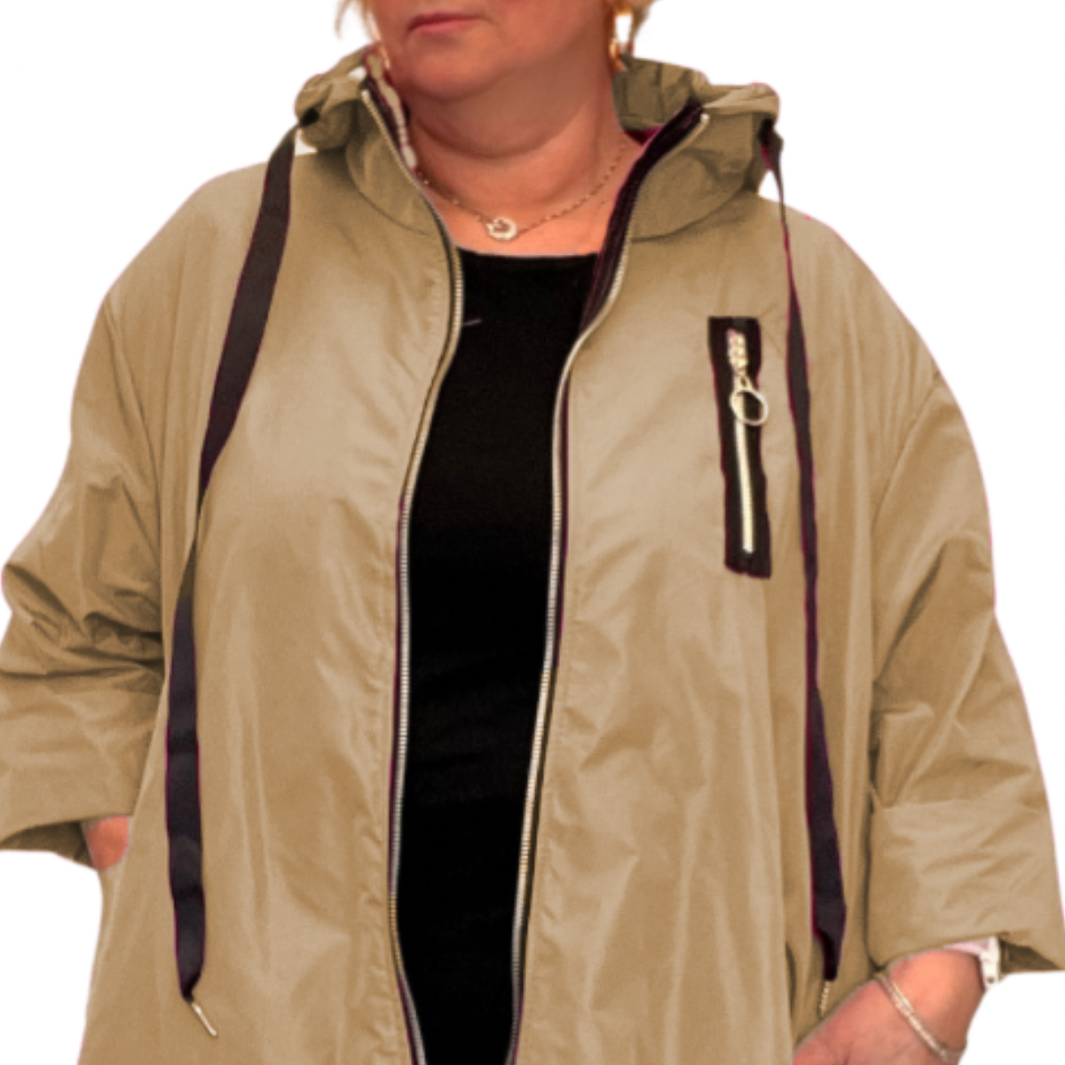 RAIN COAT WITH DRAWSTRING DIPPED HEM AND HOOD