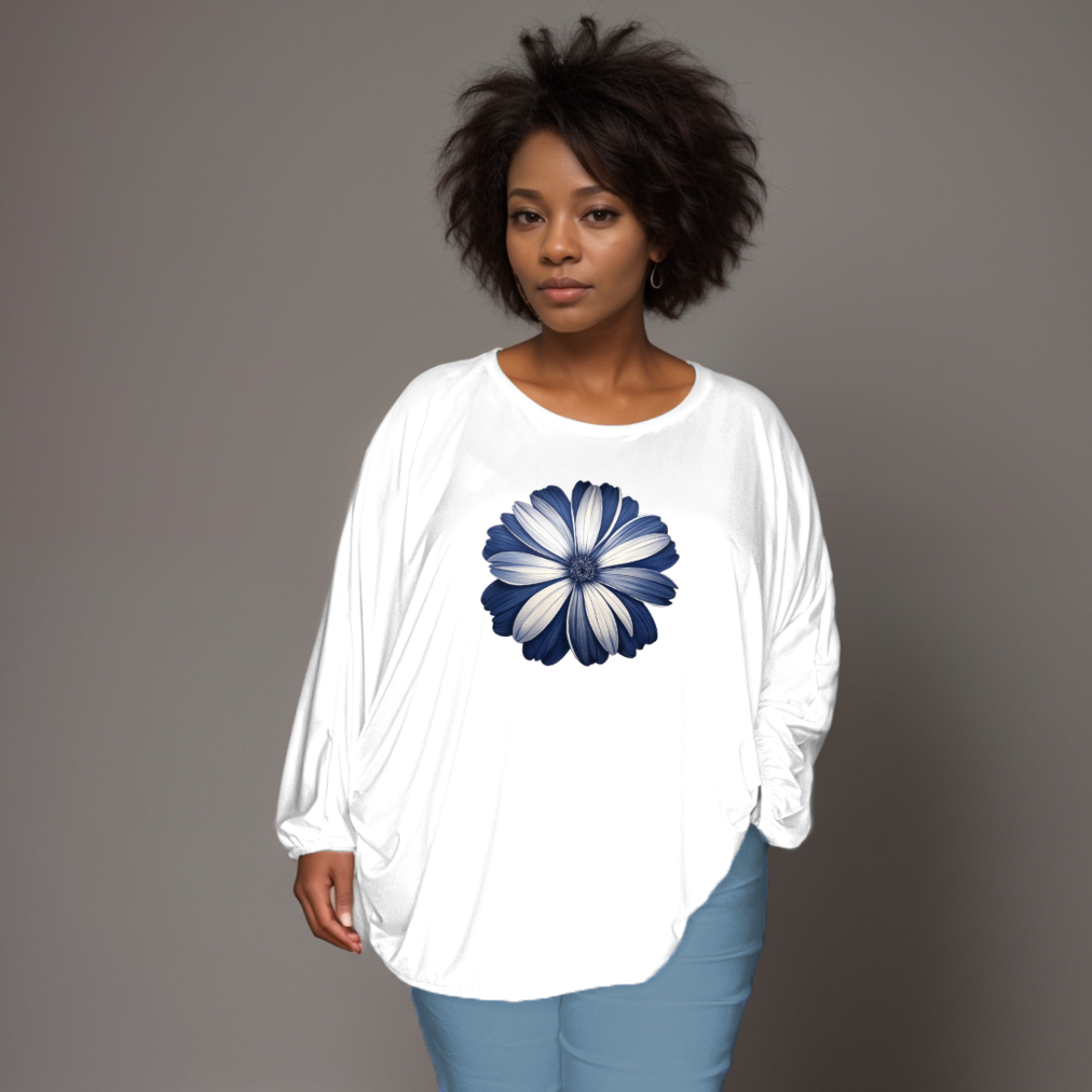 WHITE BATWING BLOUSE WITH LARGE BLUE FLOWER