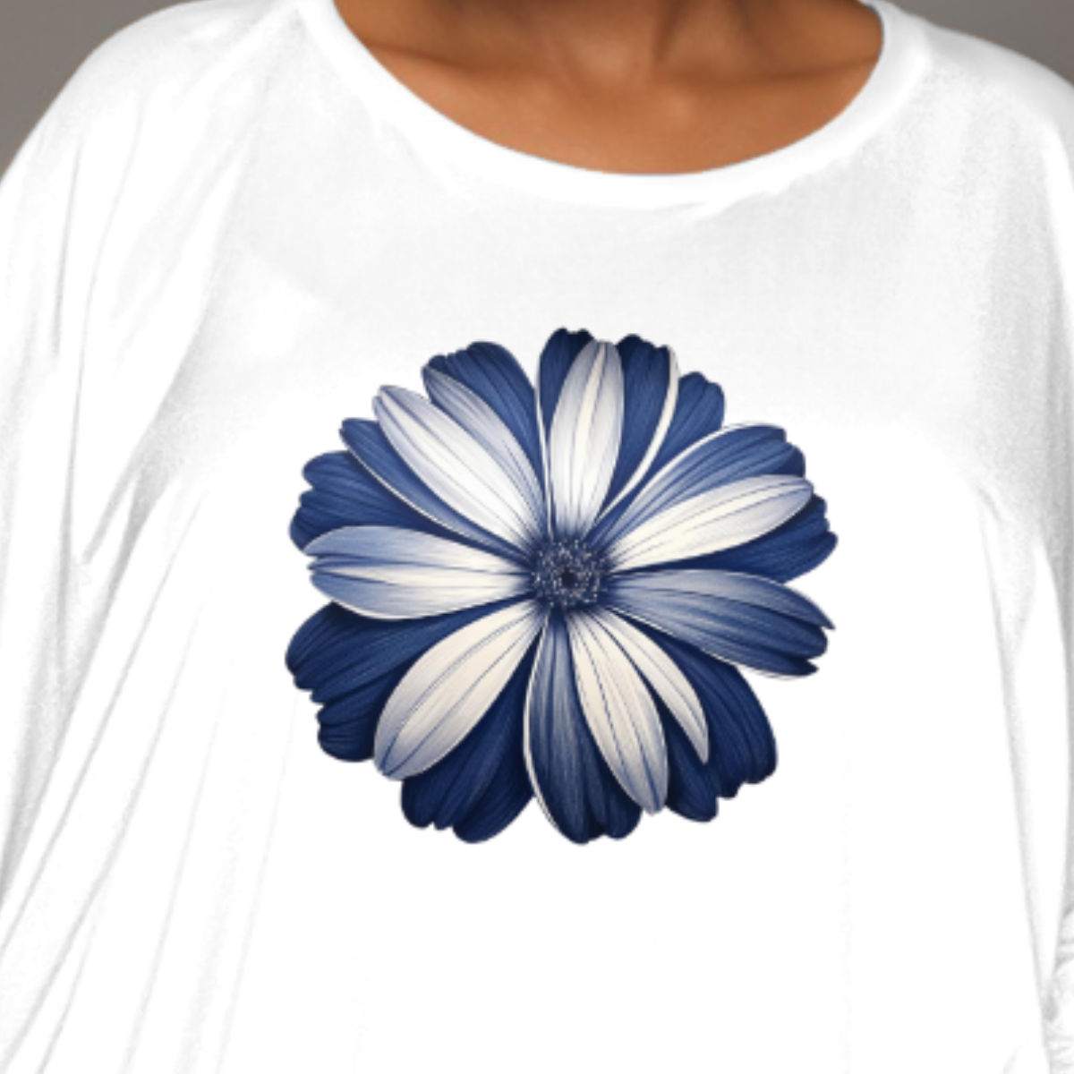 WHITE BATWING BLOUSE WITH LARGE BLUE FLOWER