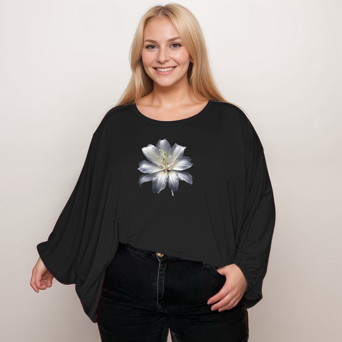 BLACK BATWING BLOUSE WITH LARGE GREY FLOWER