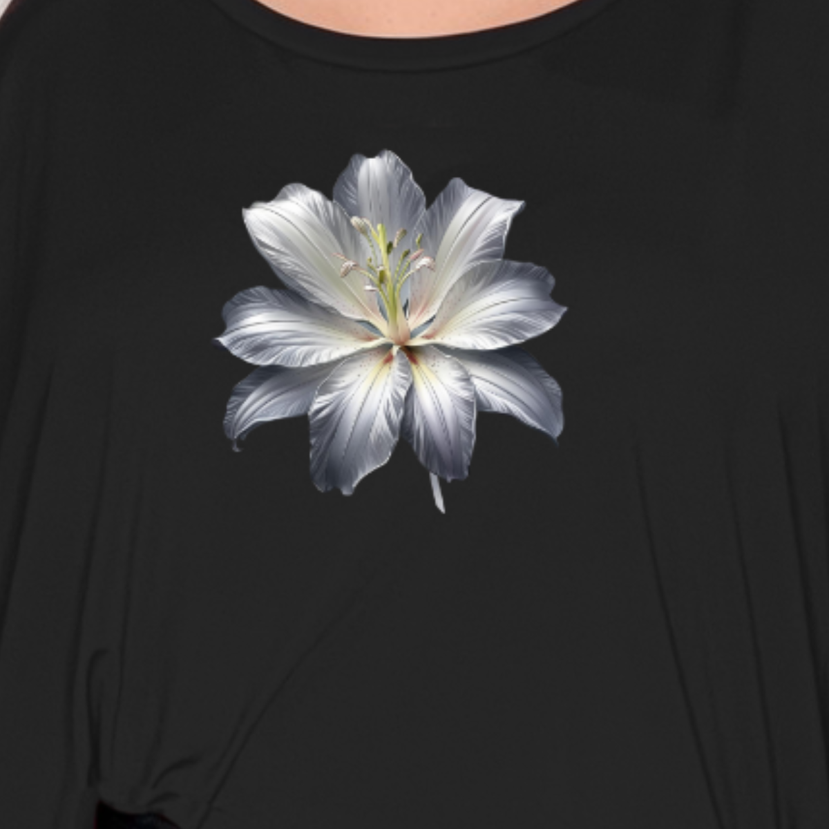 BLACK BATWING BLOUSE WITH LARGE GREY FLOWER