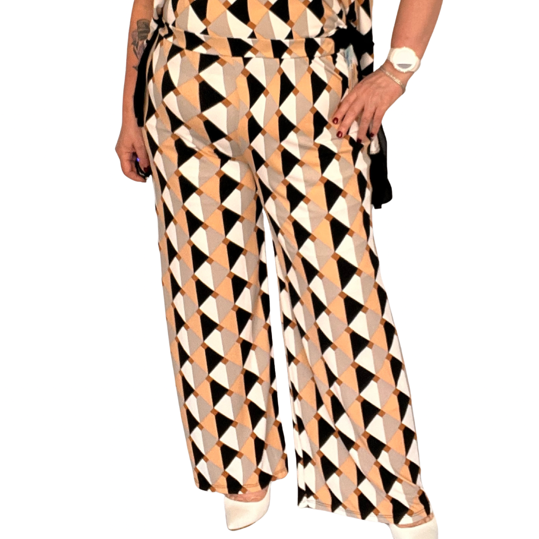 ROCKTHOSECURVES TRIANGLE GEOMETRIC ELASTICATED WAIST PALAZZO TROUSERS