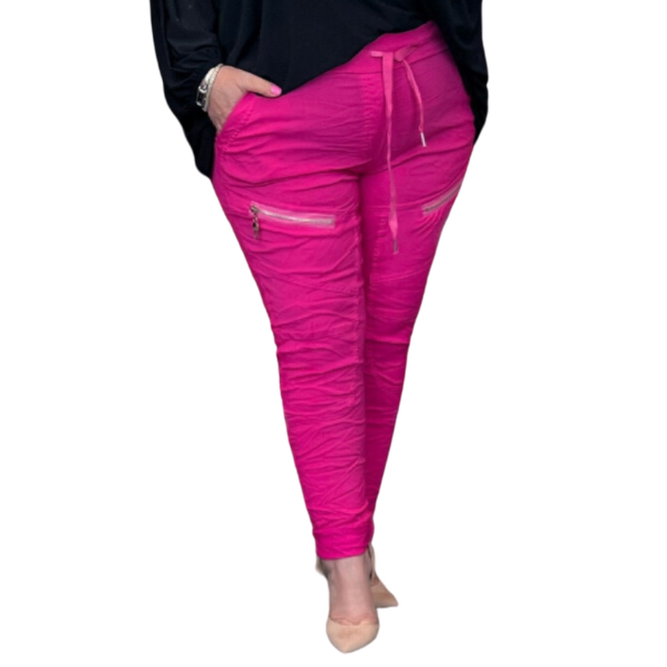 ROCKTHOSECURVES FEATURE ZIP STRETCHY MAGIC TROUSERS JEANS ELASTIC WAISTFUCHSIA / UK 12-14