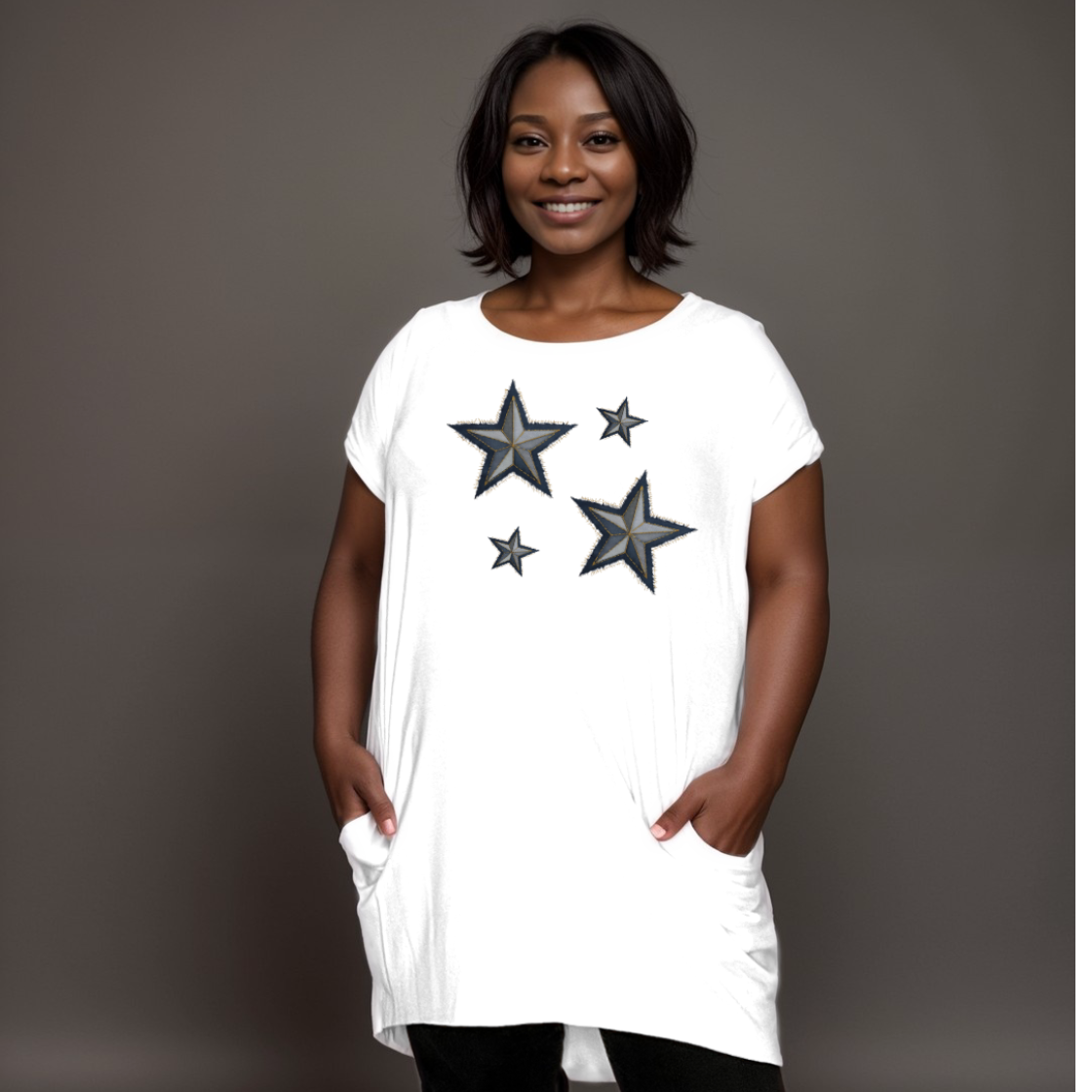 WHITE LONG POCKET T-SHIRT WITH  DENIM EFFECT STARS