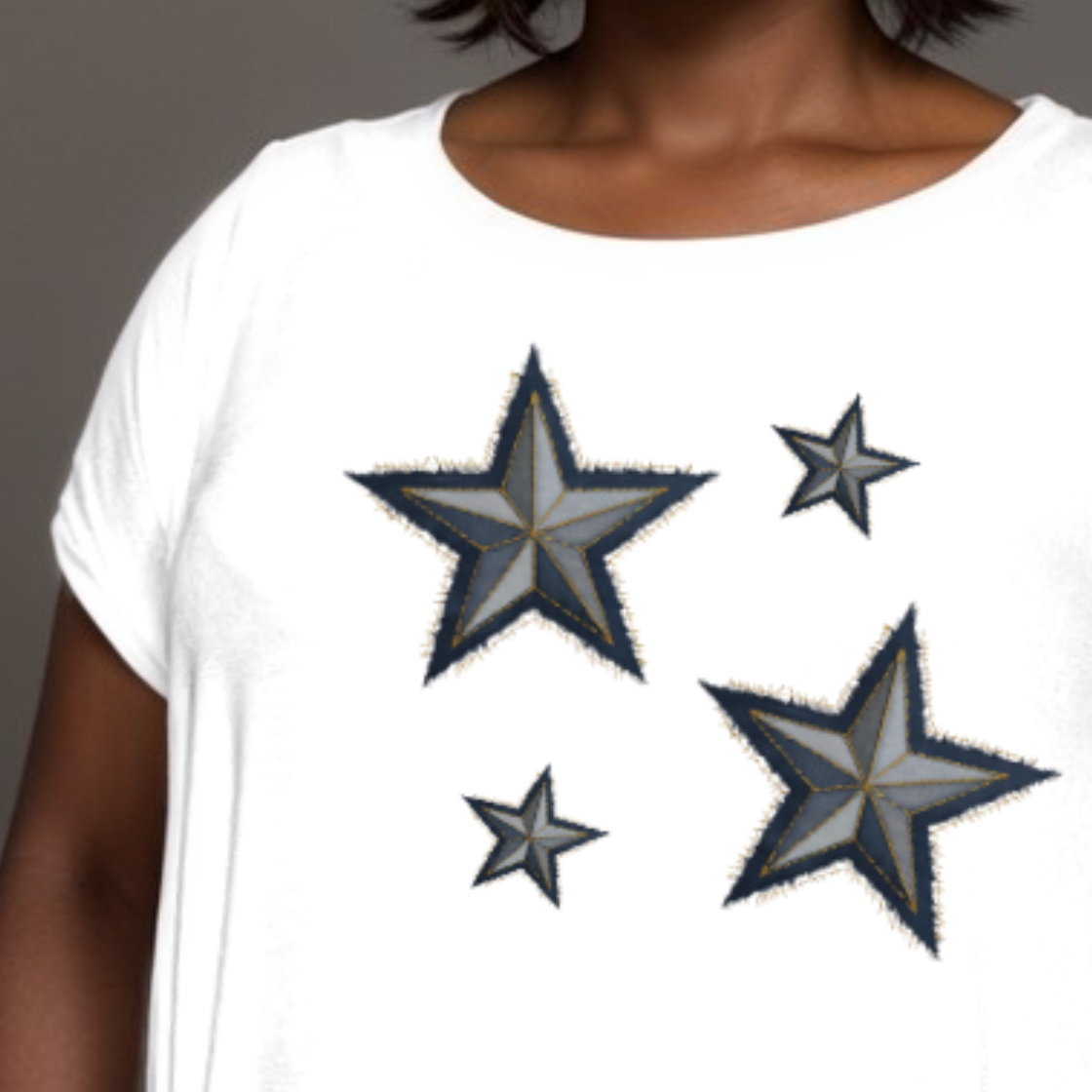 WHITE LONG POCKET T-SHIRT WITH  DENIM EFFECT STARS