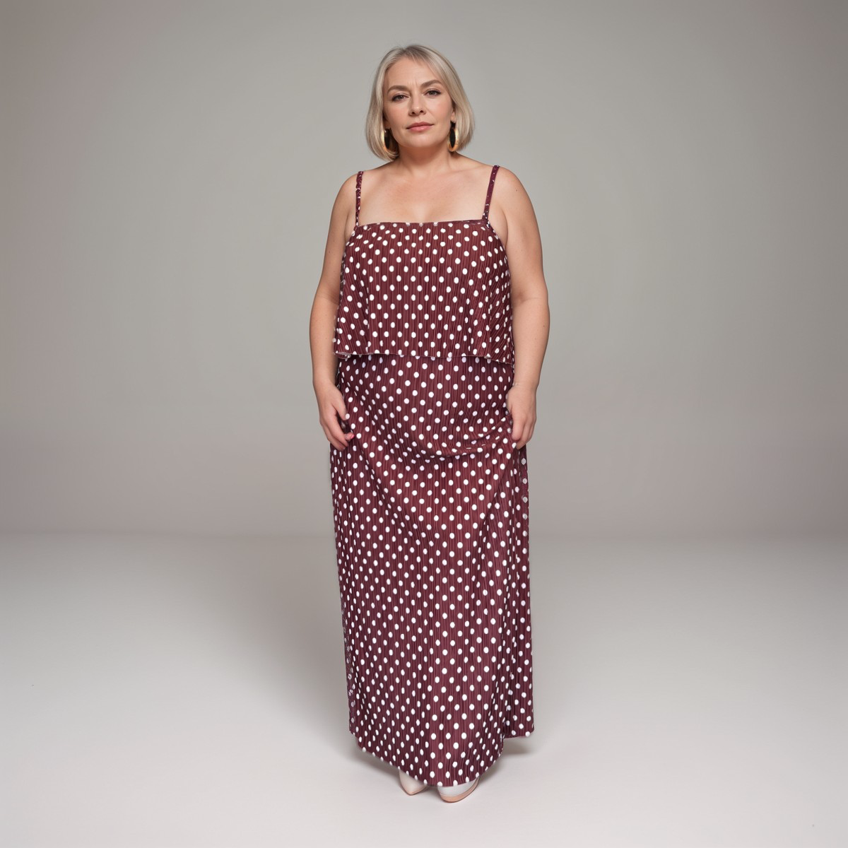 POLKA DOT PLEATED STRAPPY OVERLAY TOP MAXI DRESS