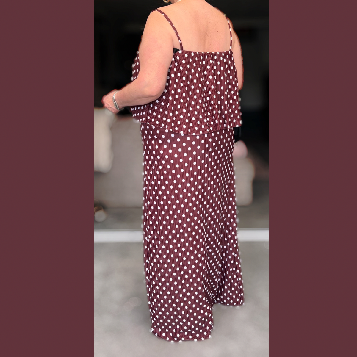 POLKA DOT PLEATED STRAPPY OVERLAY TOP MAXI DRESS