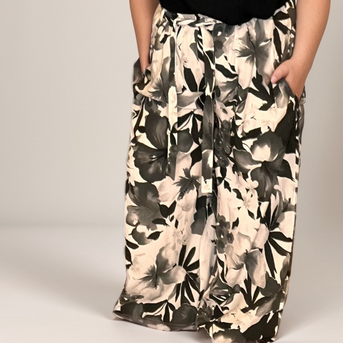 FLORAL WIDE LEG PALAZZO TROUSERS WITH BELT