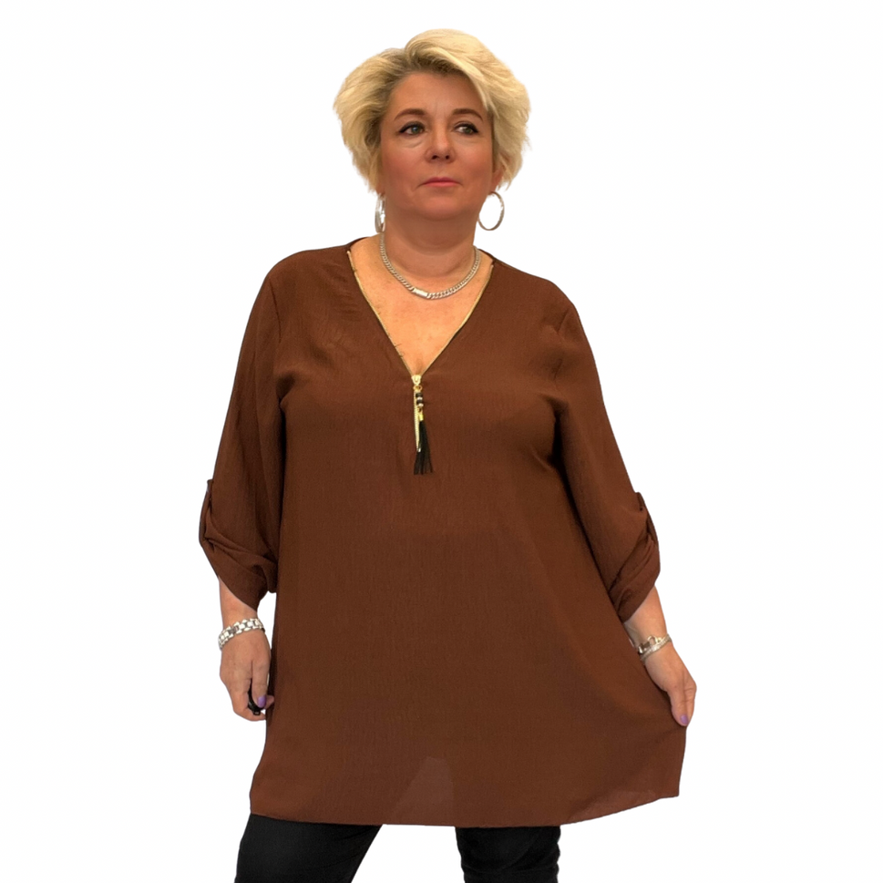 ROCKTHOSECURVES FEATURE V NECK ZIP BUTTON SLEEVE LONG LENGTH BLOUSE / TOPBROWN / UK 14