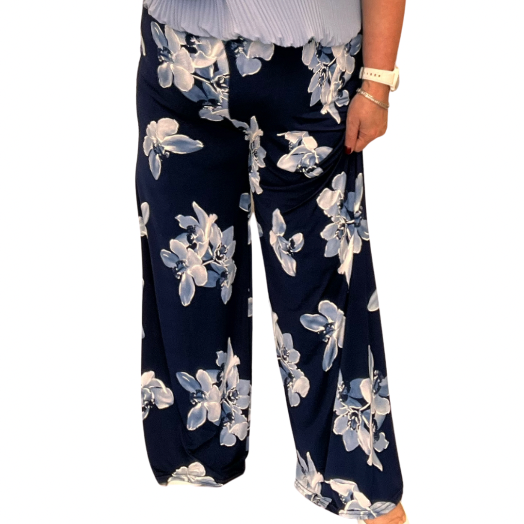 LILY PRINT WIDE LEG ELASTIC WAIST PALAZZO TROUSERS / PANTS