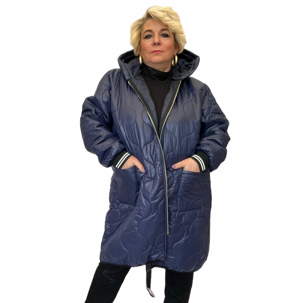 QUILTED ZIP UP LONG SLEEVE COAT WITH HOOD WITH FRONT POCKETSNAVY / UK 16-18