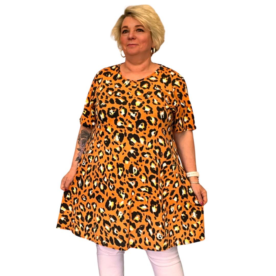 ROCKTHOSECURVES BRIGHT ORANGE LEOPARD SHORT SLEEVE SWING TOP