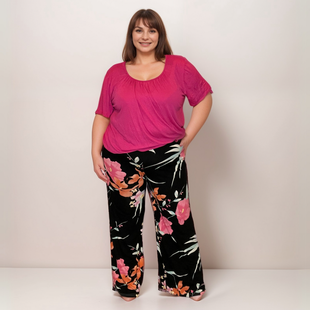 BLACK MULTI TROPICAL ELASTIC WAIST WIDE LEG PALAZZO