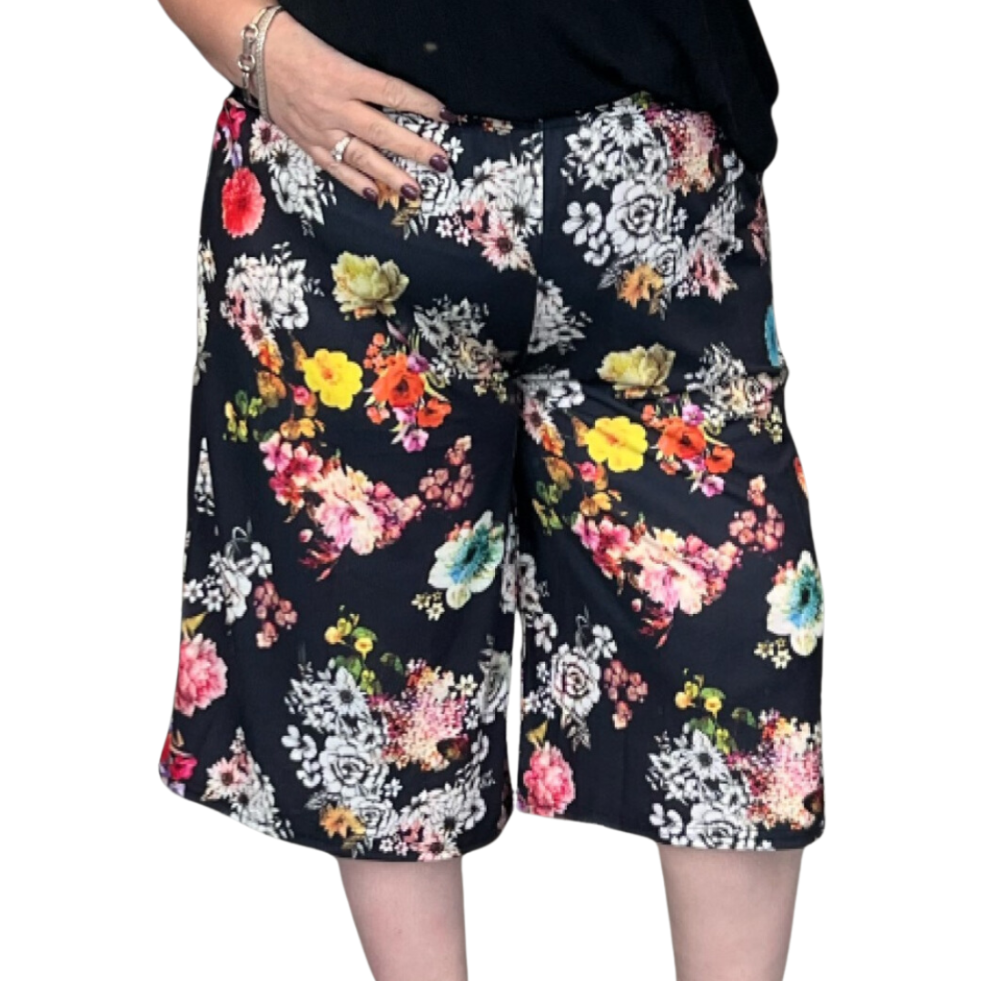 ROCKTHOSECURVES BLACK BRIGHT FLORAL WIDE LEG ELASTIC WAIST CULOTTES