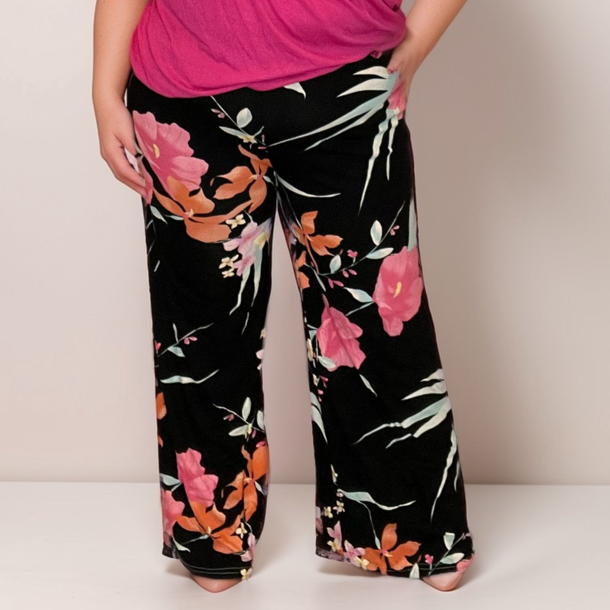 BLACK MULTI TROPICAL ELASTIC WAIST WIDE LEG PALAZZO