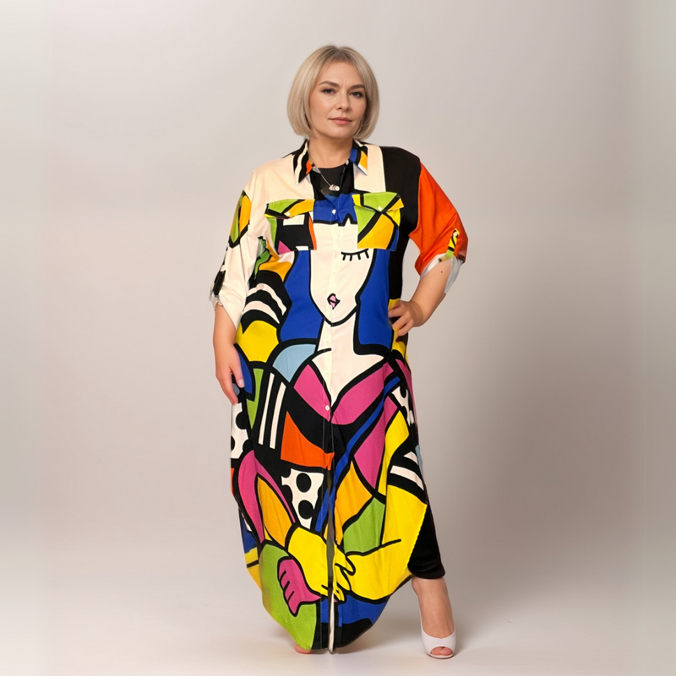 BRIGHT ABSTRACT LONG SHIRT DRESS