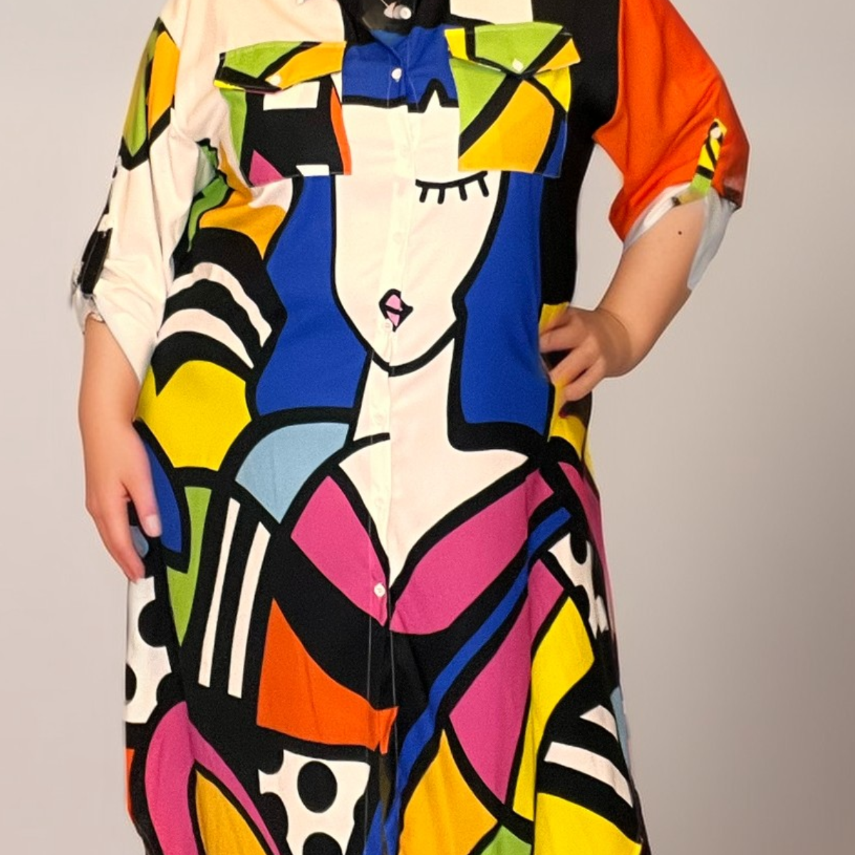 BRIGHT ABSTRACT LONG SHIRT DRESS