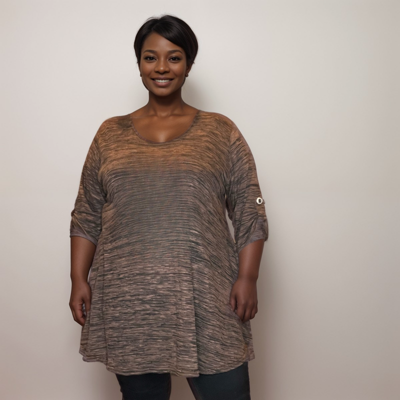 Plus‑Size Mottled Effect Button Sleeve Swing Top