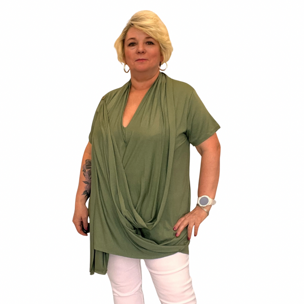 ROCKTHOSECURVES WRAP OVER DRAPED DETAIL SHORT SLEEVE TOPKHAKI / UK 12-14