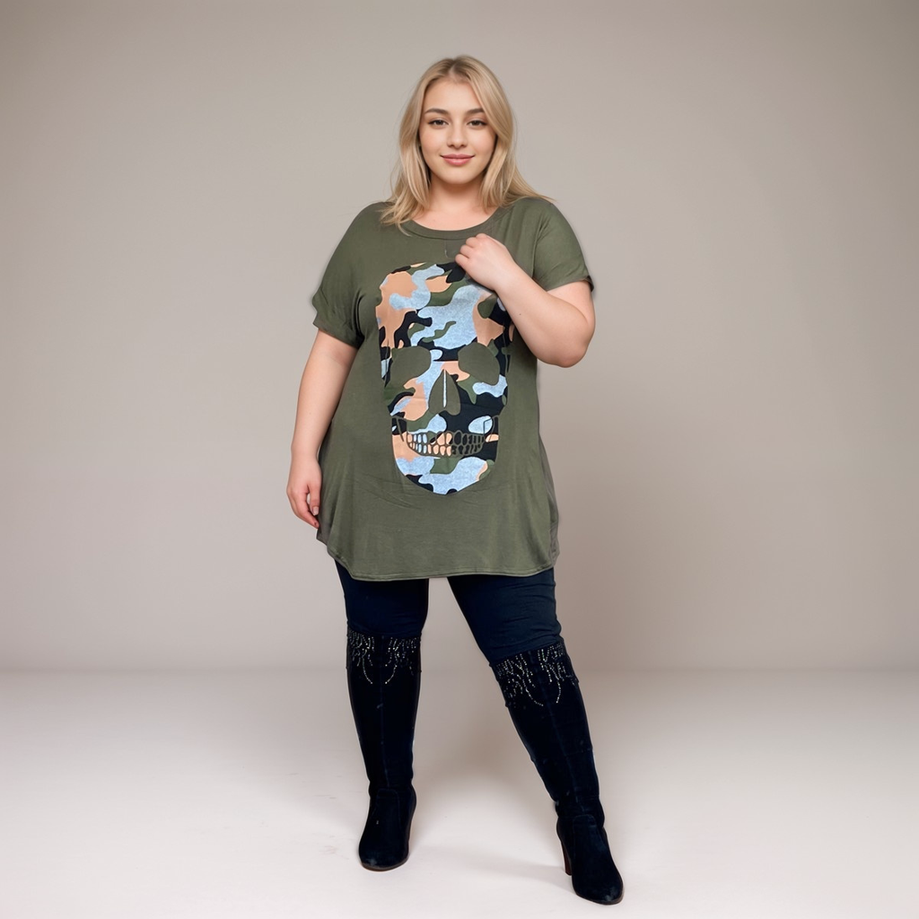Dipped Hem Short Sleeve Glitter Skull T-Shirt