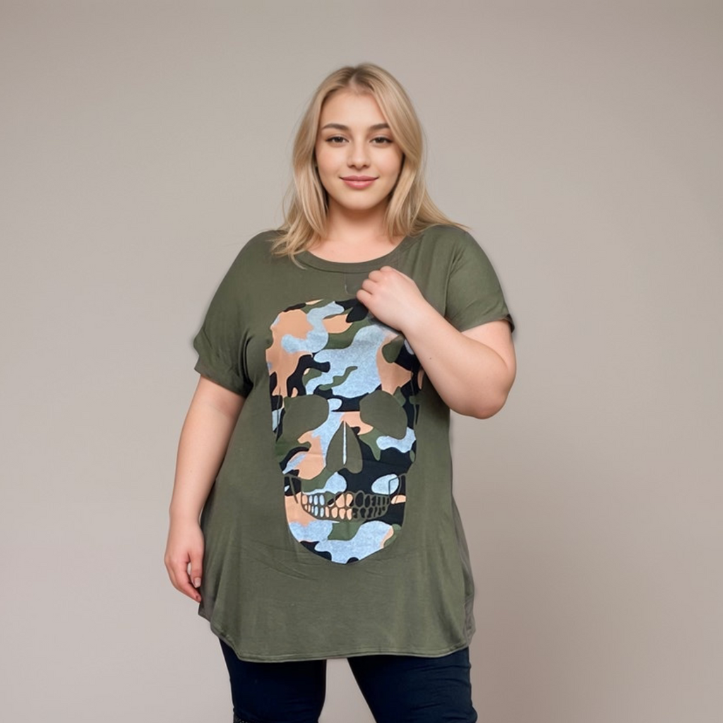 Dipped Hem Short Sleeve Glitter Skull T-Shirt