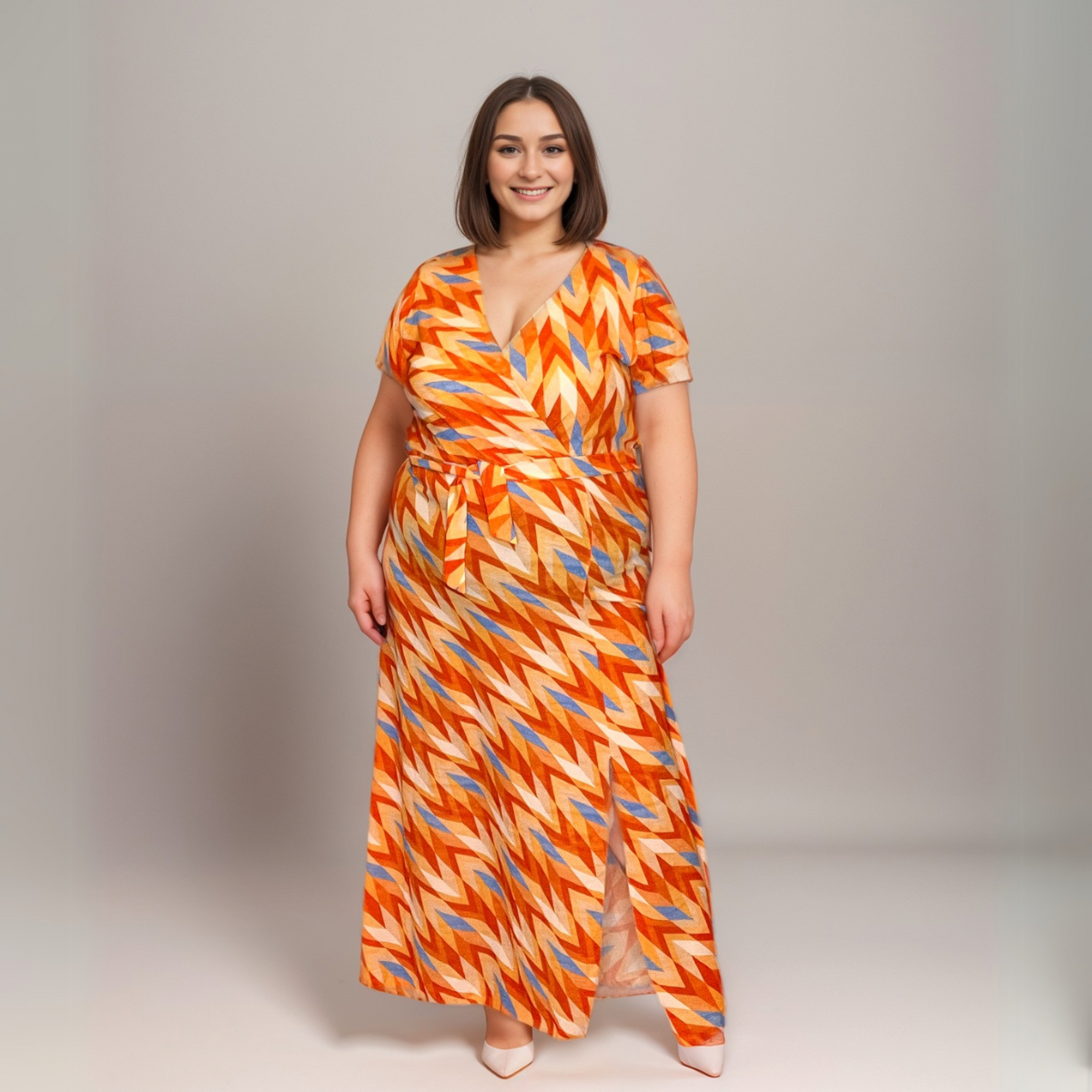 ORANGE BLUE V NECK MAXI DRESS WITH BELT