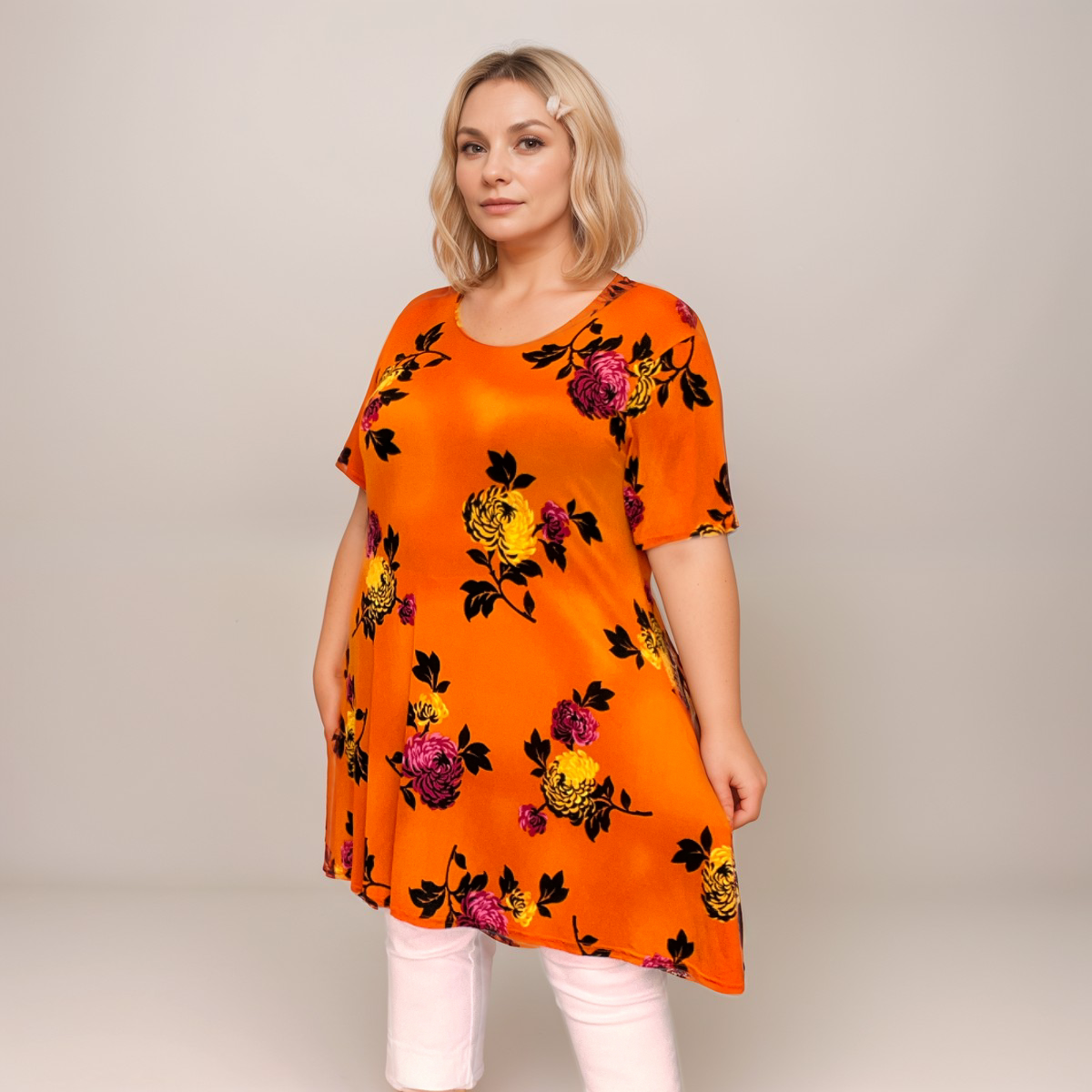 SHORT SLEEVE BRIGHT PEONY PRINT SWING TOP