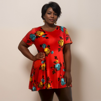 SHORT SLEEVE BRIGHT PEONY PRINT SWING TOP