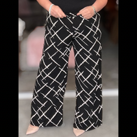 BLACK WHITE ABSTRACT PRINT ELASTICATED WAIST PALAZZO TROUSERS
