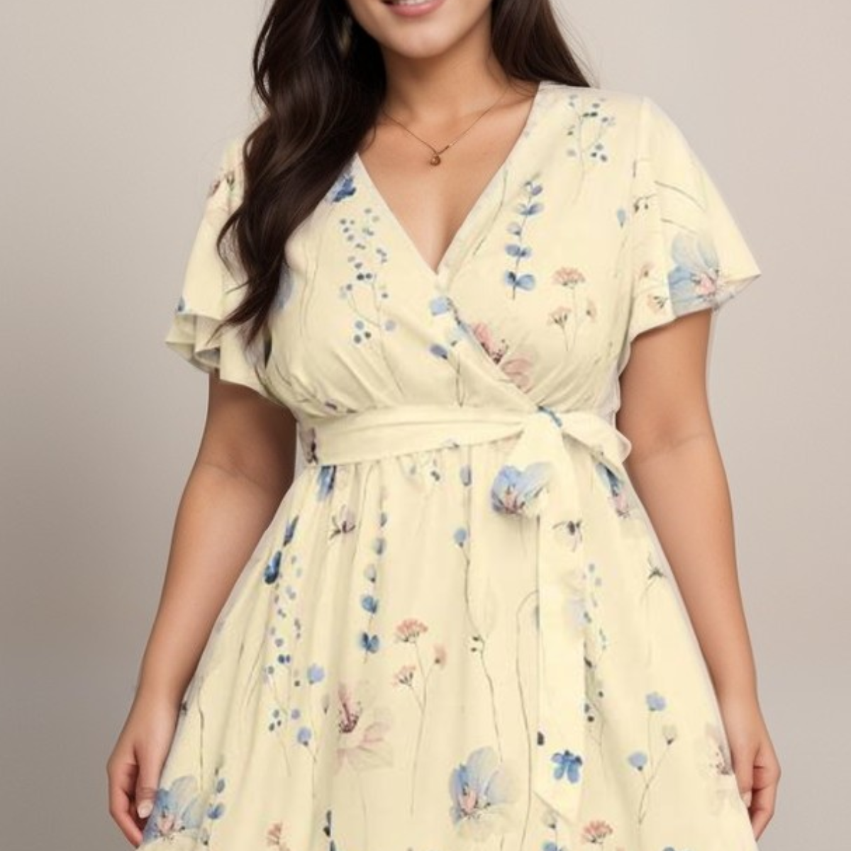 LEMON FLORAL V NECK DRESS WITH TIE BELT